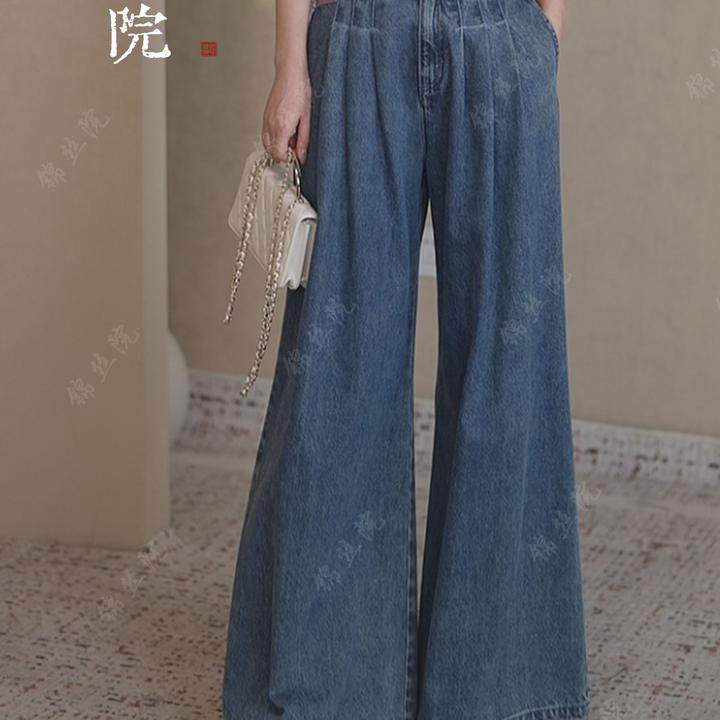 锦丝院【蓝色牛仔裤】新中式时尚休闲潮流宽松百搭轻奢牛仔裤665093