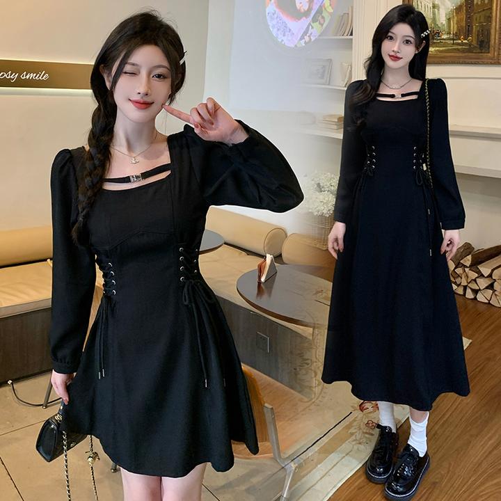 大码女装法式长袖连衣裙秋季梨形身材裙子胖MM遮肚显瘦气质小黑裙