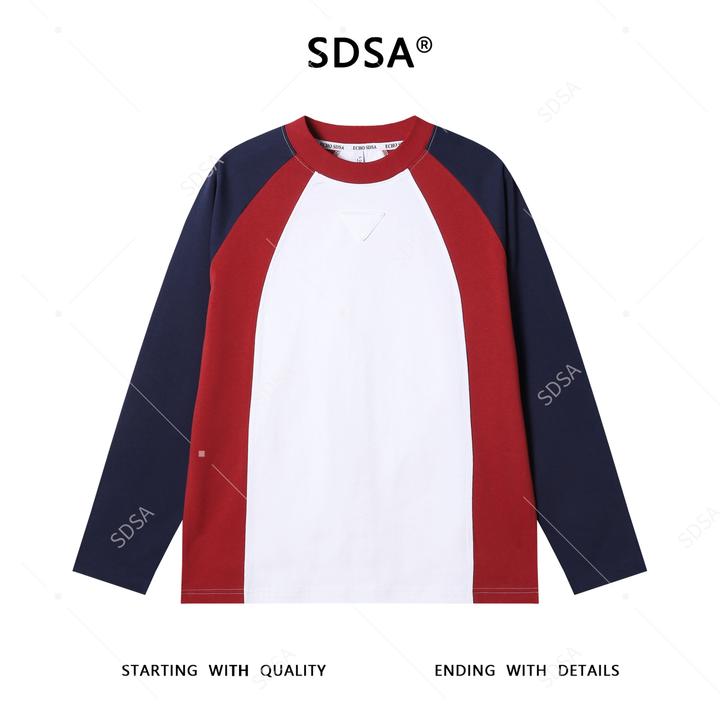 SDSA男士秋冬新款轻奢痞帅男装拼接撞色倒三角圆领长袖T恤时尚潮