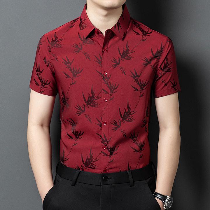 花衬衫男夏季薄款冰丝提花透气免烫休闲百搭中年男士红色短袖