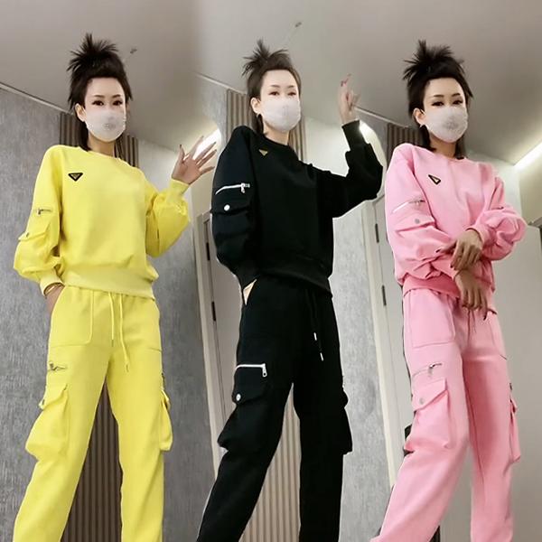 休闲工装风运动套装2025春季新款时尚宽松圆领多兜休闲女款两件套