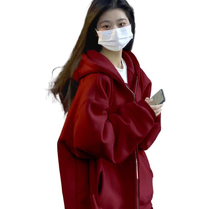 新年韩版休闲复合美式红卫衣外套女2025新款薄款连帽开衫春秋上衣