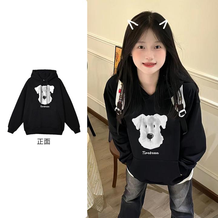 韩系新款学院风小狗印花连帽卫衣秋冬百搭设计感ins宽松帽衫#R394