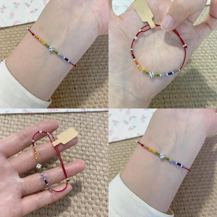 铜合金手链 幸运彩虹四叶草编绳手链多巴胺少女简约女款首饰手绳