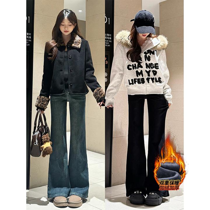 【萱芸芸专属】加绒高腰不贴腿微喇牛仔裤女2025冬季新款喇叭长裤