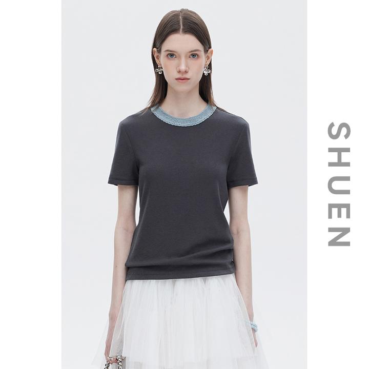 束恩进口美利奴羊毛混纺上衣2025年拼接撞色针织圆领短袖女t恤夏