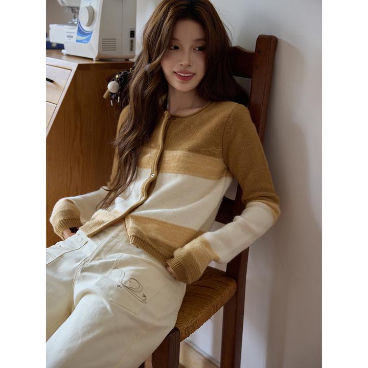 【吵吵家】韩系杏色开衫拼接毛针织衫女2025冬时尚休闲修身长袖上衣