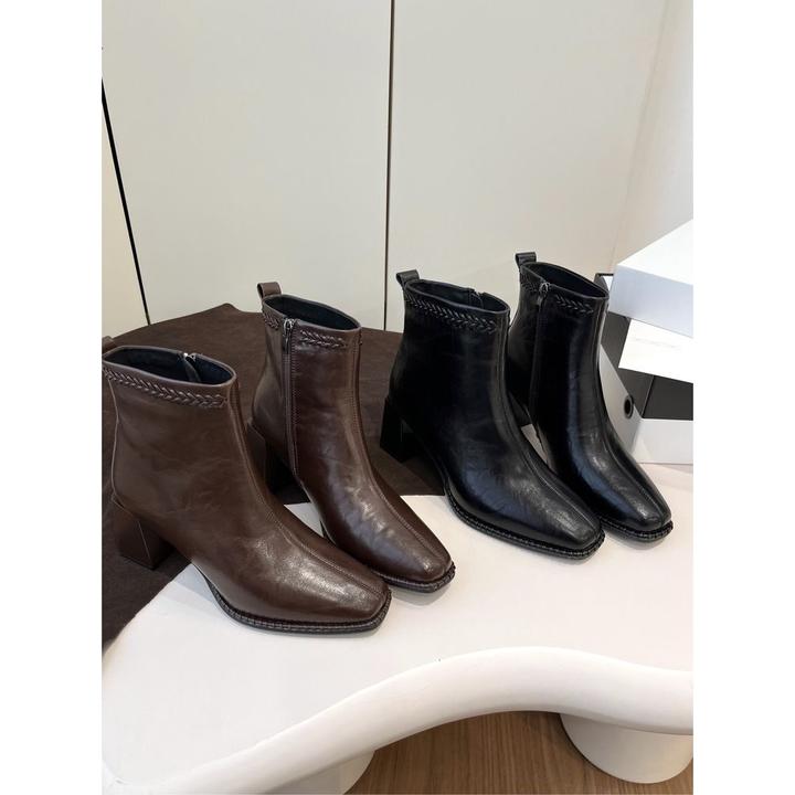 7cm～手抓牛皮粗跟方头显瘦短靴AB25570