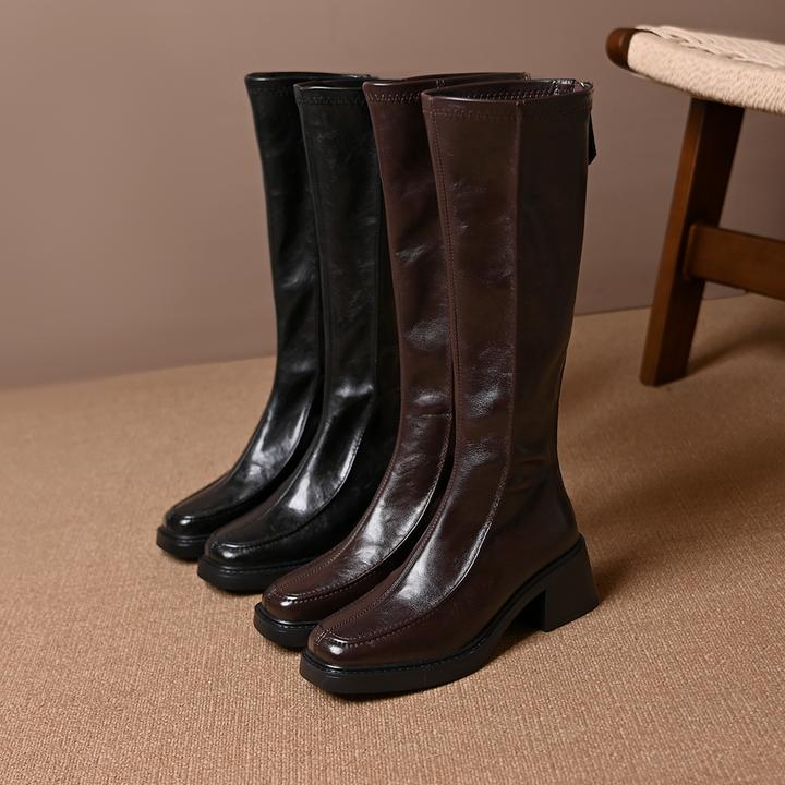 方头粗跟包腿显瘦不过膝弹力靴秋冬新款后拉链百搭通勤时装长筒靴