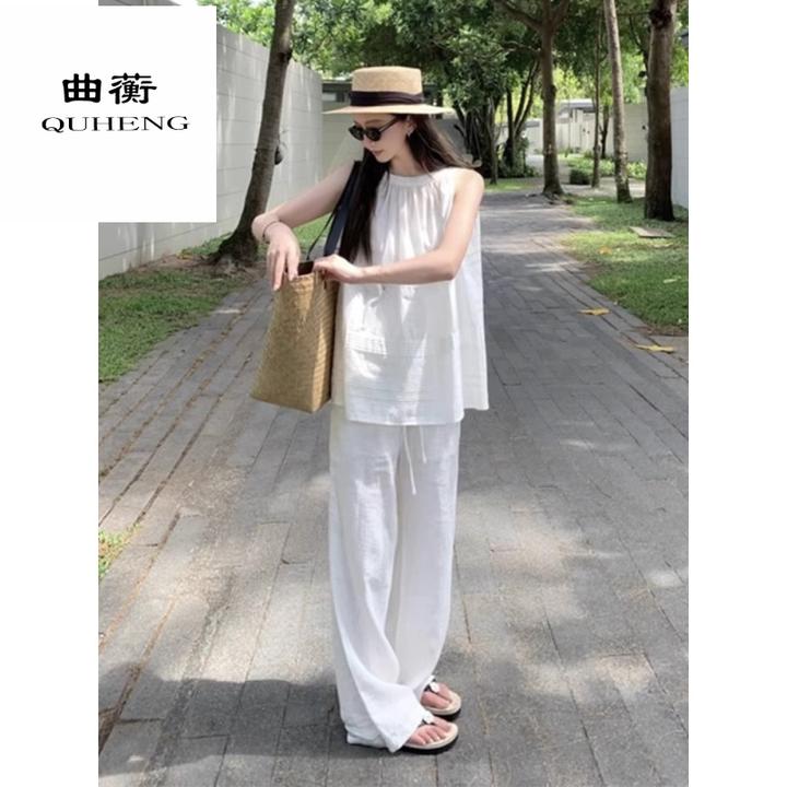夏季清新风白色时髦减龄女装无袖休闲宽松搭配慵懒感上衣一整套
