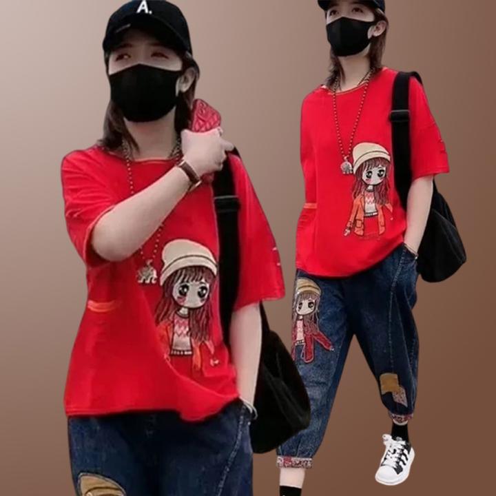 街头风图案休闲套装女2025夏季新款舒适小众穿搭上衣裤子两件套女