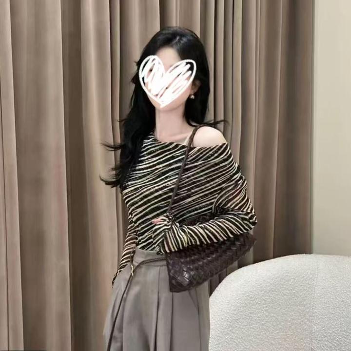 设计感斑马纹长袖T恤女2025秋季新款打底衫上衣