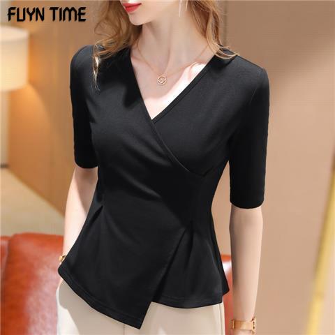 Z不规则中长袖棉T恤女春夏显瘦v领打底衫不对称洋气收腰交叉上衣