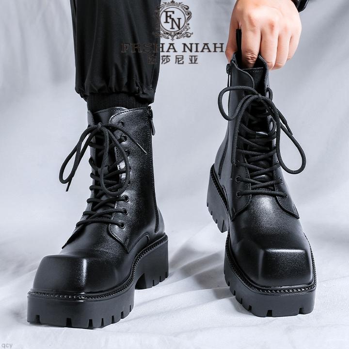 法莎尼亚方头马丁靴男真皮春秋款加绒高帮长靴拉链机车厚底增