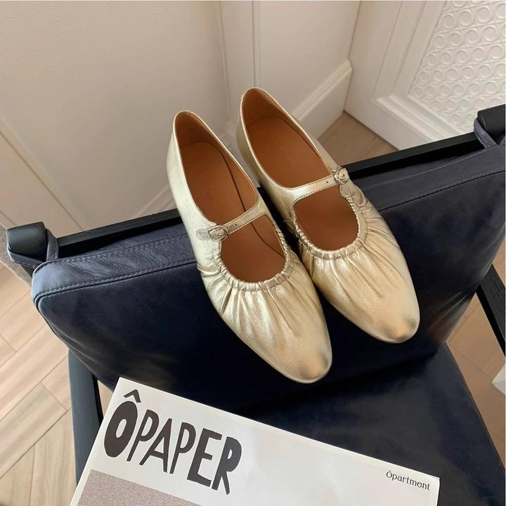 『万达撤柜』明星同款~内玛丽珍鞋真皮法式褶皱平底芭蕾舞单鞋女