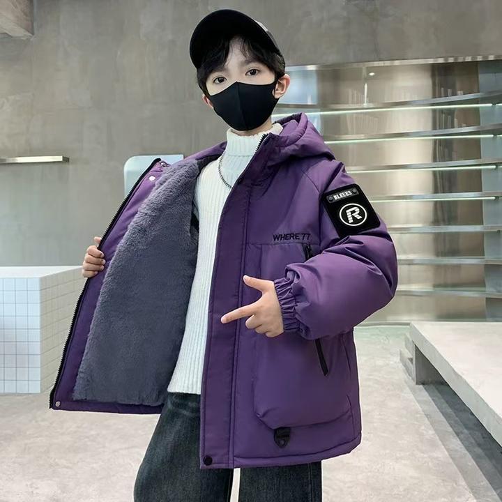 男童加绒派克服2024新款中大男孩加厚棉服帅气秋冬款连帽外套