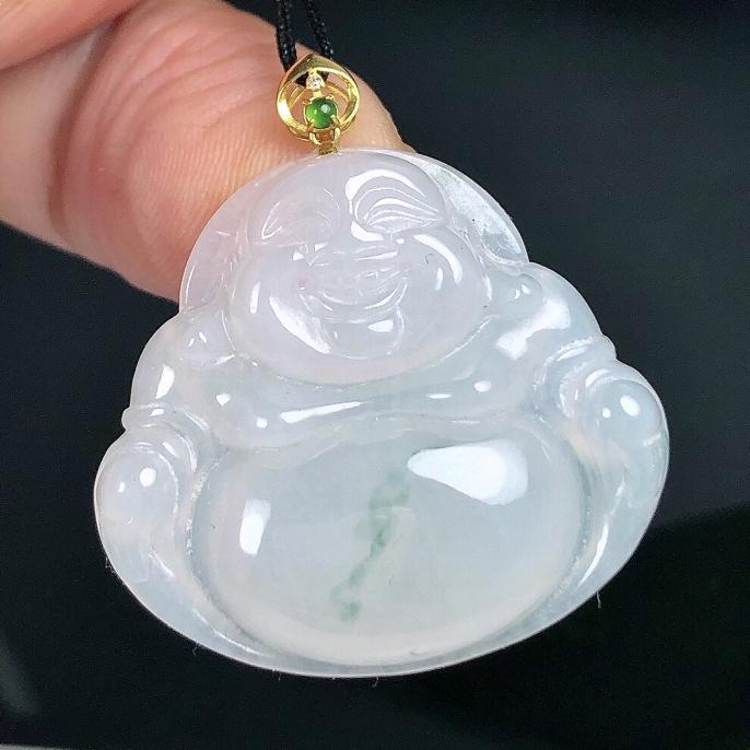缅甸天然翡翠A货18K金扣镶嵌冰润飘花佛公吊坠老坑种翡翠玉佛挂坠