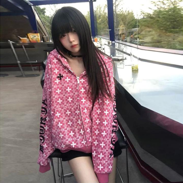 树莓色哥特风字母满印连帽卫衣女秋冬学院风宽松加绒加厚开衫外套