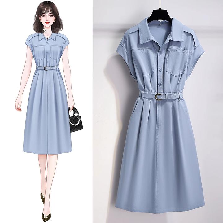 拉夏贝尔蓝色衬衫式连衣裙轻奢高级感女式2025新款夏季气质收腰裙