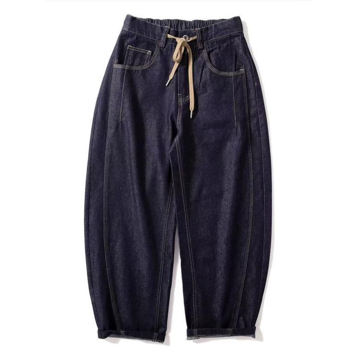 日系休闲随性风分割拼接牛仔休闲弯刀阔腿裤