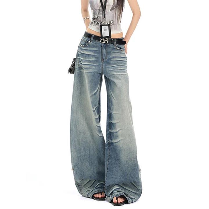 POYZ美式复古水洗猫须折痕做旧牛仔裤女宽松显瘦阔腿拖地长裤子