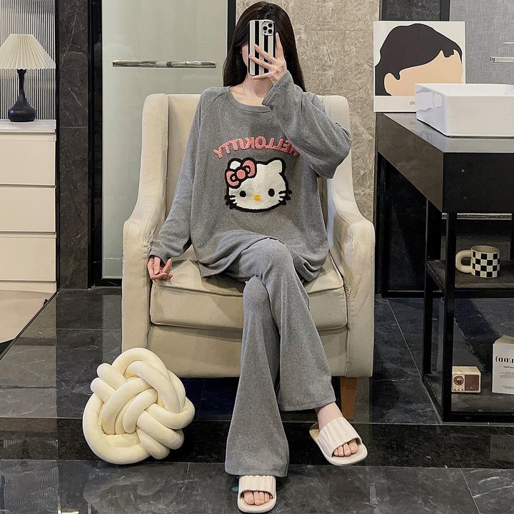 睡衣女春秋季德绒长袖2025新款大码保暖可外穿家居服冬天kt猫套装