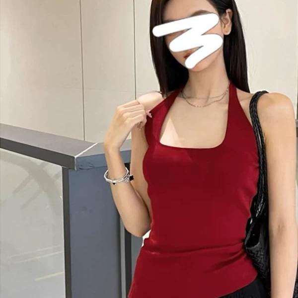 纯棉辣妹风挂脖吊带背心女装夏季u领简约设计感复古美背修身上衣