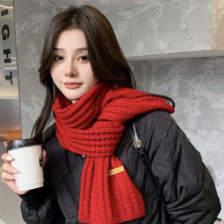韩版喜庆双面针织围脖纯色女秋冬季日系百搭保暖时尚围巾冬天百搭