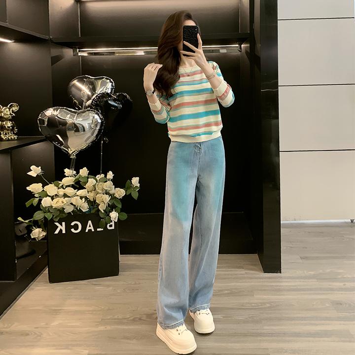 条纹针织衫女士毛衣春秋打底衫内搭美式复古牛仔长裤子直筒阔腿裤