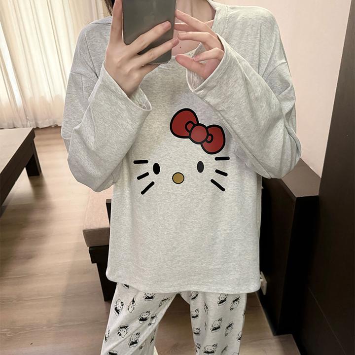 卡通风纯棉长袖睡衣女款春秋季可外穿学生猫咪长裤女士家居服套装