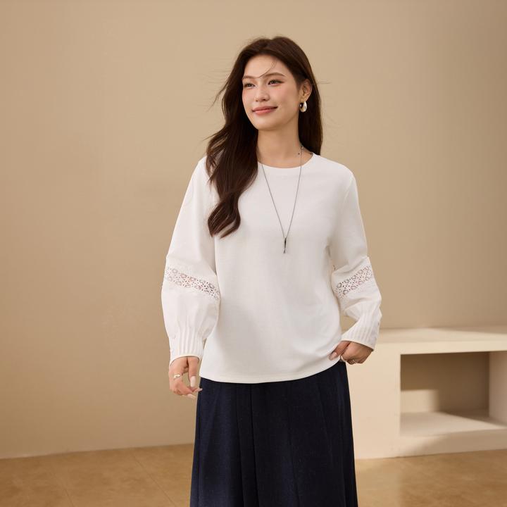 【花笺】纤莉秀E大码女装流光风法式罗纹圆领蕾丝拼接T恤QK3598