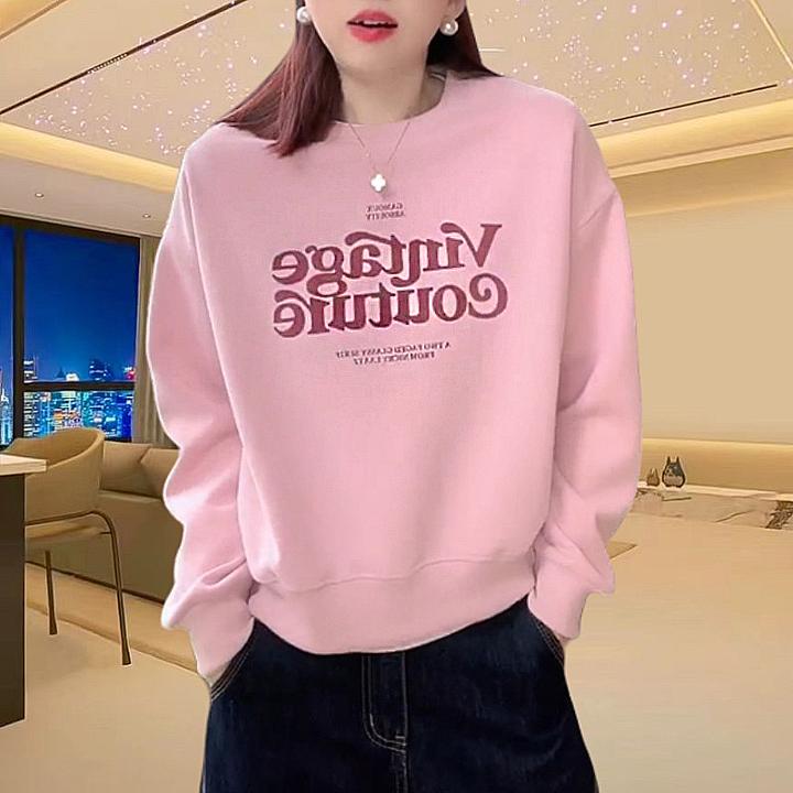 2025春装新款发泡印花短卫衣女宽松复古字母套头休闲圆领长袖上衣