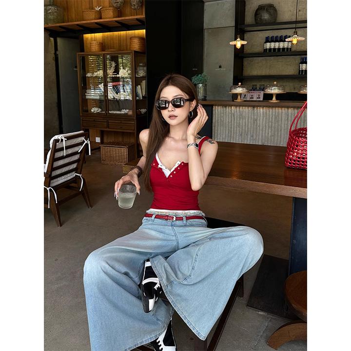 高腰短款显瘦吊带背心辣妹性感设计款上衣百搭显瘦直筒阔腿裤长裤