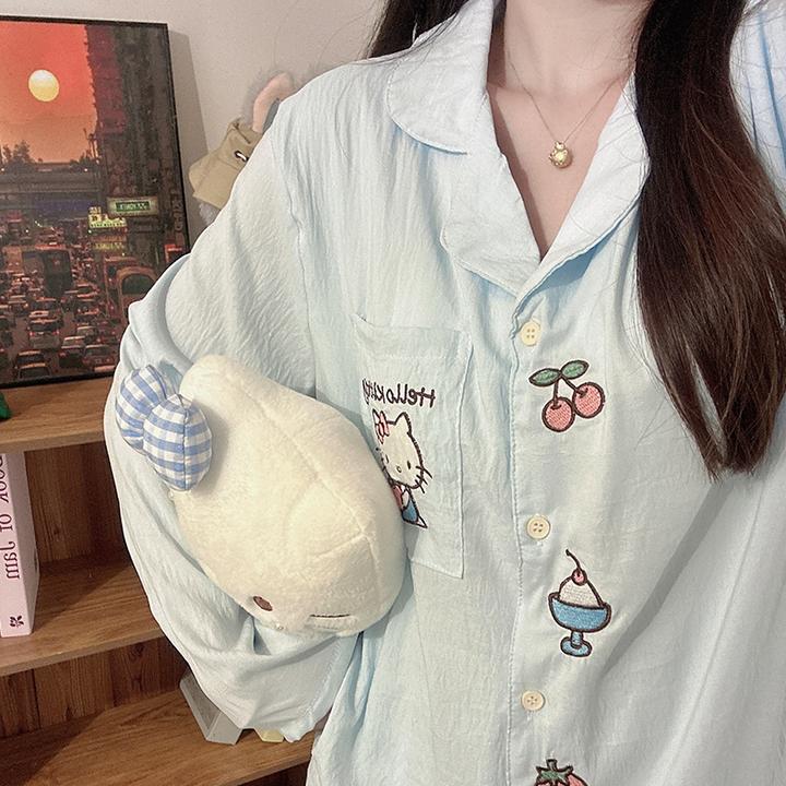 日系可爱奶蓝Kitty带胸垫睡衣少女春秋季泡泡棉长袖家居服套装