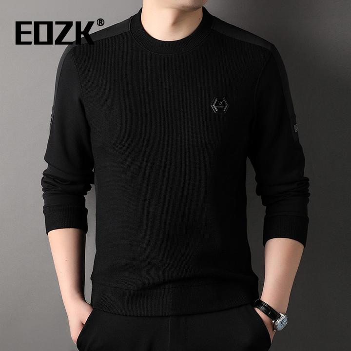 Eozk春秋季圆领长袖卫衣男士潮流休闲男装莫代尔棉T恤拼接打底衫