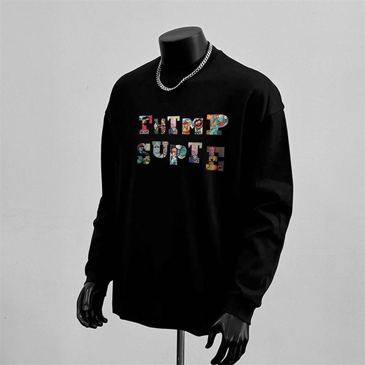 简约重磅印花长袖新款纯棉宽松男女纯棉上衣圆领百搭秋季打底衫