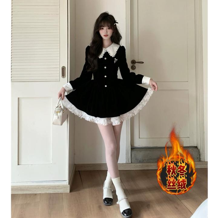 【柚一专属】【有里布】丝绒立体玫瑰花连衣裙千金蕾丝小黑裙TX0194