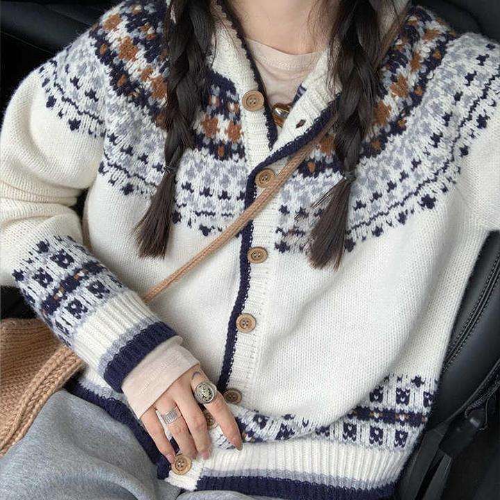 法式复古费尔岛提花连帽毛衣外套女宽松慵懒外穿针织开衫上衣秋冬