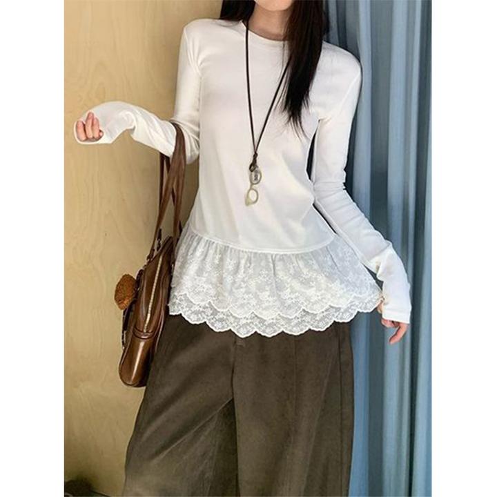 韩系蕾丝拼接花边德绒长袖t恤女秋冬新款修身百搭打底衫内搭上衣