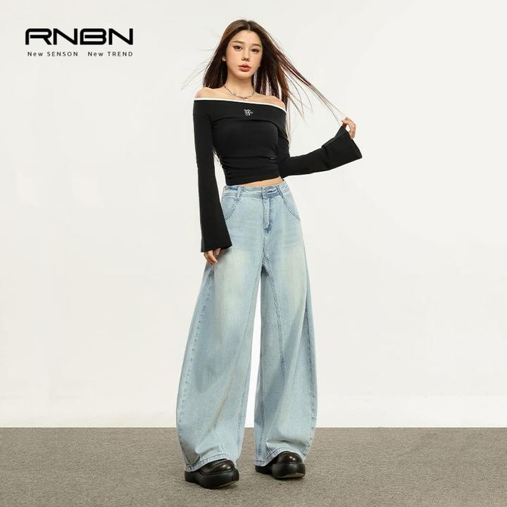 RNBN新款复古宽松垂感阔腿牛仔裤遮胯显高显瘦慵懒风弯刀裤女