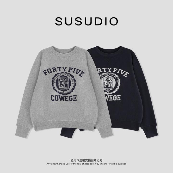 SUSUDIO 美式复古字母提花圆领宽松显瘦套头毛衣 60079