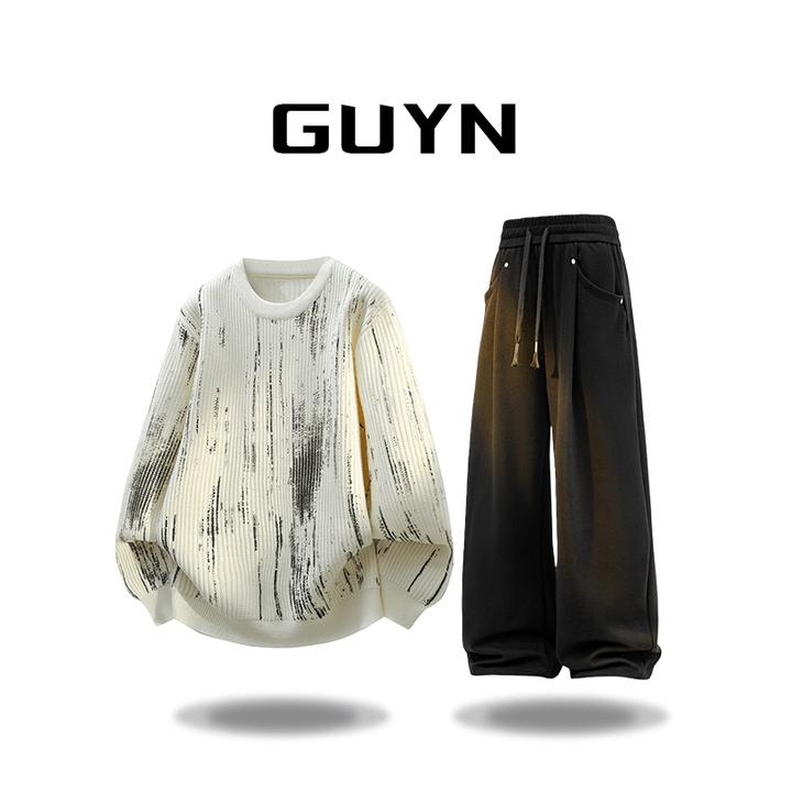 【品牌正品现货】GUYN痞帅扎染毛衣男秋冬保暖针织衫美式脏脏设计感