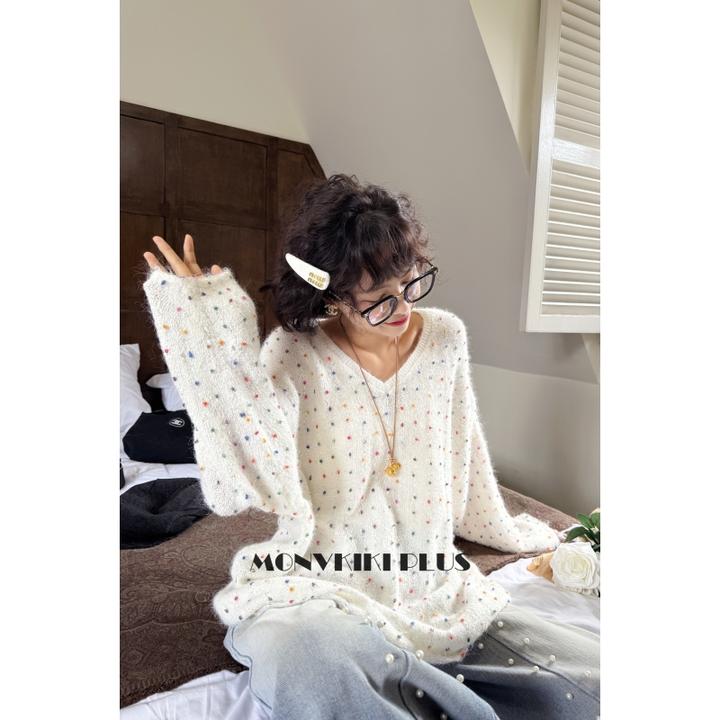 MoNvKiKiPlus2“欢喜”大码微胖彩色点点设计感宽松针织毛衣#1785