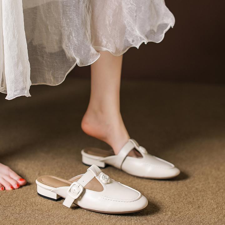 真皮百搭包头低跟半拖鞋女2025法式粗跟凉鞋夏平底懒人穆勒鞋舒适