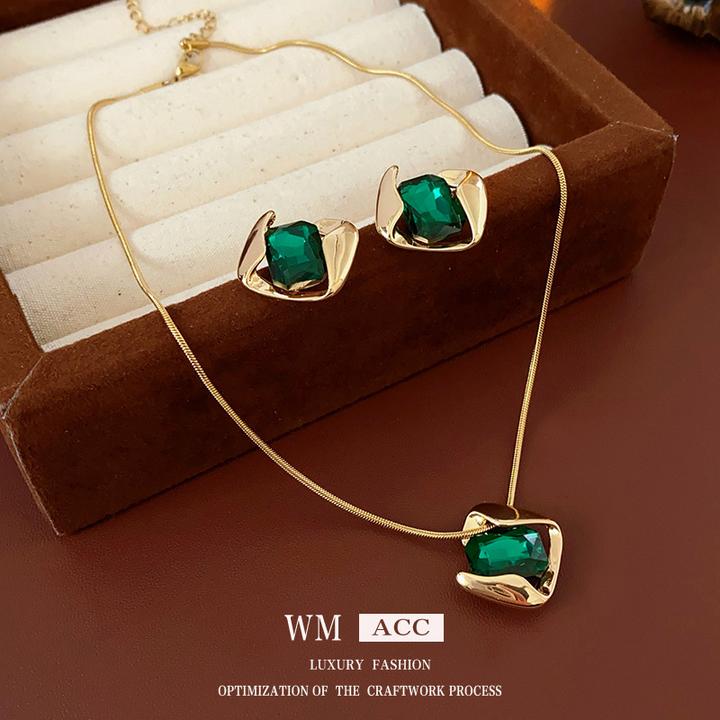 钛钢耳饰 不掉色绿色方形耳钉女项链小众轻奢高级感气质简约百搭