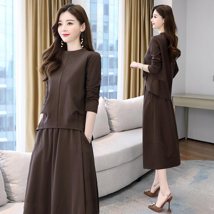 气质长袖连衣裙两件套2025春秋新款大码女装宽松显瘦套装裙潮