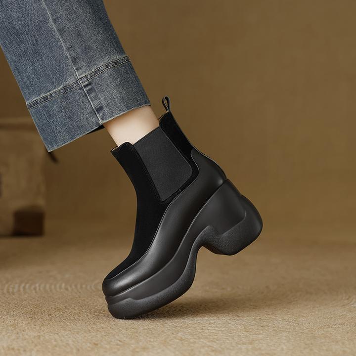 巨舒服10cm新款圆头短靴防水台高跟鞋粗跟瘦瘦靴厚底小个子烟筒靴