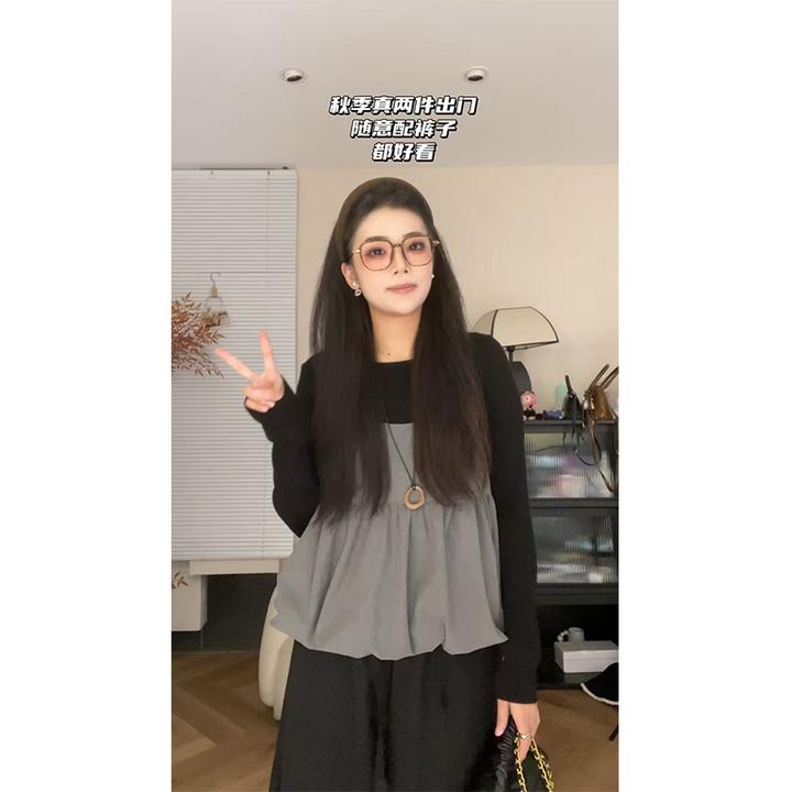 韩系褶皱下摆吊带背心长袖针织衫两件套2025冬季新款减龄叠穿上衣