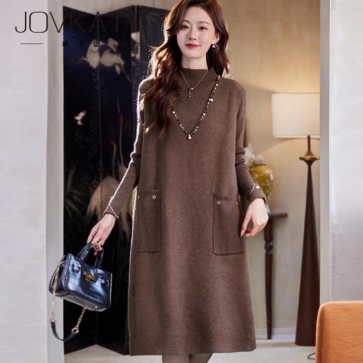 两件套钉珠针织连衣裙2025冬季慵懒休闲时尚气质背心长裙