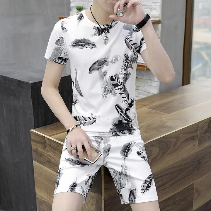 潮牌男装夏季新款时尚痞帅印花套装修身个性韩版男士休闲两件套t